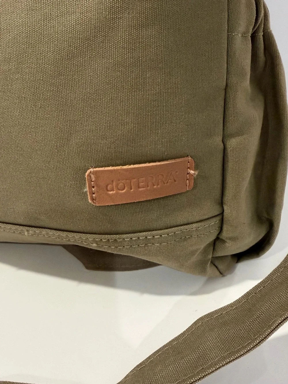 DoTERRA Olive Canvas Tote Bag with Brown Leather Handles